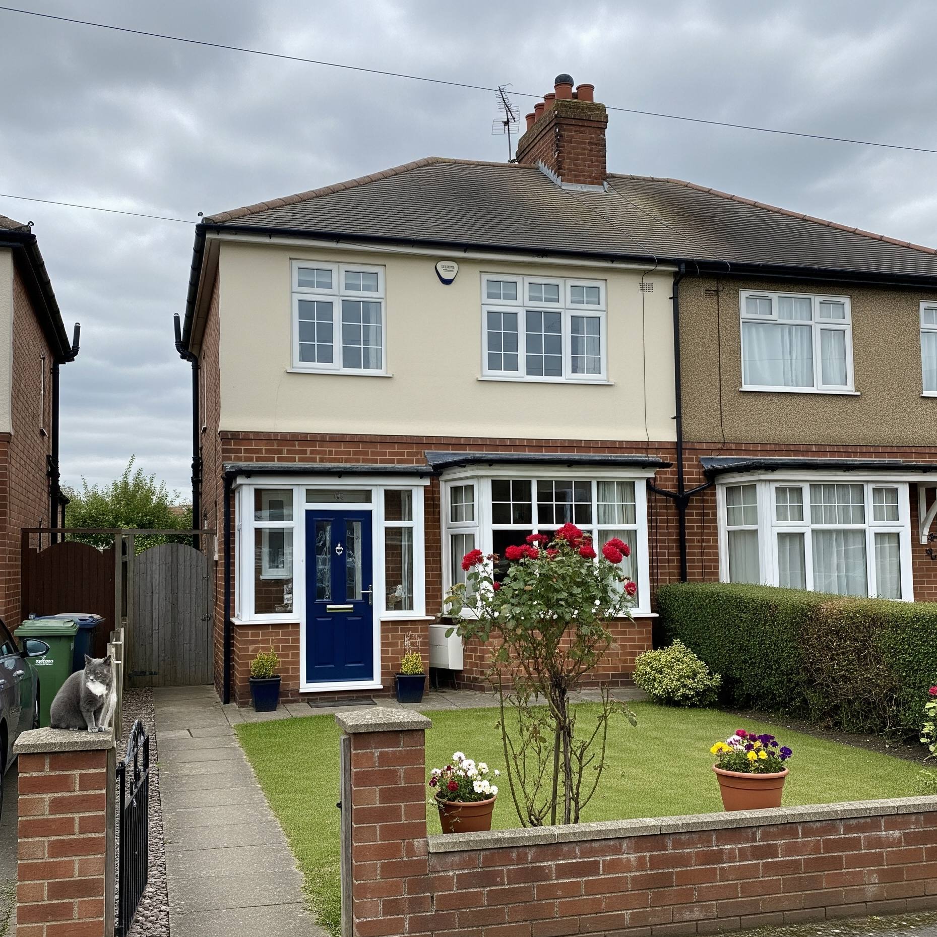 A semi-detached house with a blue door and a cat on a brick wall